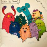 A various array of hand drawn monsters as a thank you note